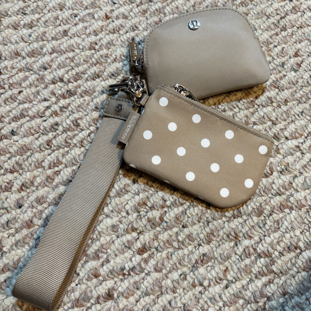 Lululemon Tan and White Polka Dot Dual Pouch Wristlet